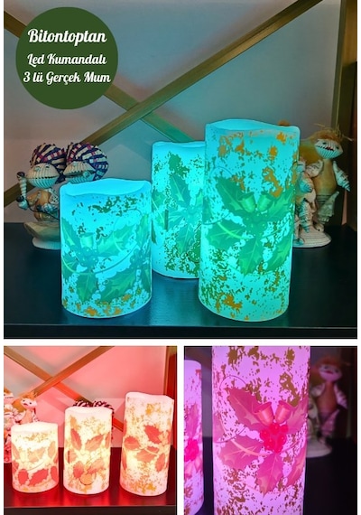 Yılbaşı Noel Temalı 3 Lü Set Led Gerçek Mum Kumandalı 9 Renk Yana Karışık