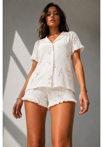 Kadın Süprem Gömlek Şort Düğme Çok Renkli Pijama Takımı