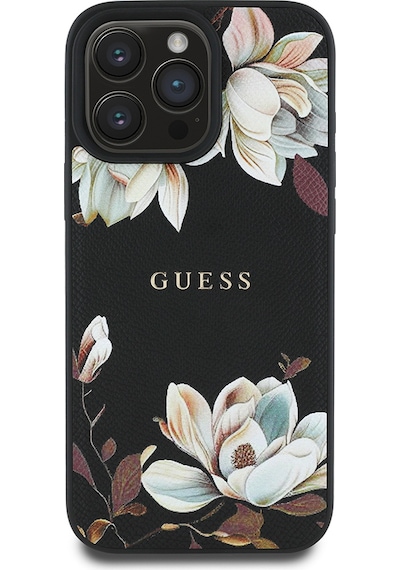 Apple Uyumlu iPhone 16 Pro Max Kılıf Guess Lisanslı Magsafe Özellikli Çiçek Tasarımlı Yazı Logolu Kapak Siyah