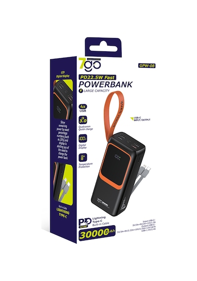 7go Gpw-08 30000mah Pd22.5w Hızlı Şarj Powerbank 4 Usb Çıkışlı, Dahili Type-c & Lightning Kablolu, Siyah