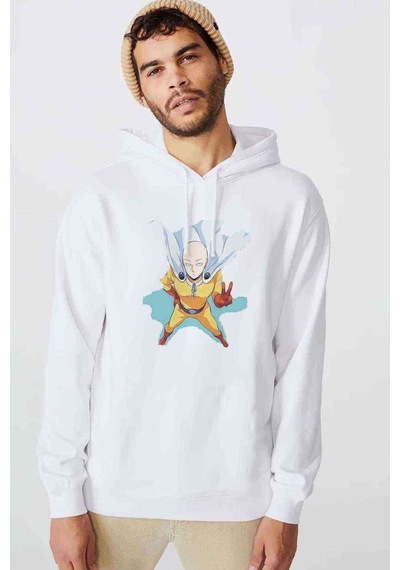 One Punch Man Baskılı Beyaz Erkek Örme Kapşonlu Sweatshirt (531044824)