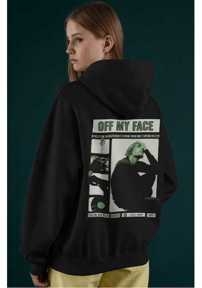 Sevbano Justin Bieber Off My Face Şarkıcı Sırt Baskılı Unisex Oversize Pe Siyah
