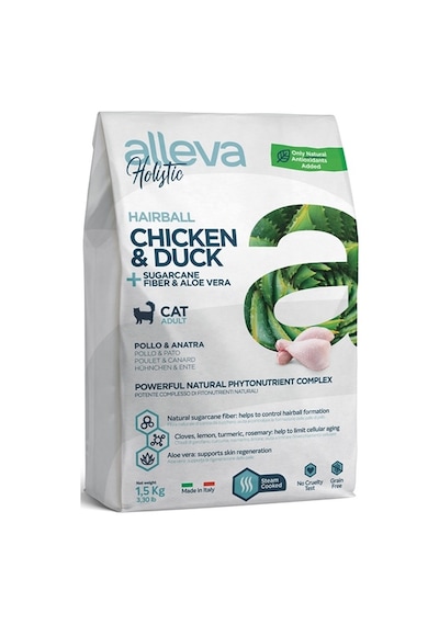 Alleva Holistik Tavuklu & Ördekli Tahılsız Yetişkin veya Kısırlaştırılmış Kedi Maması (Tüy Yumağı) 1,5 Kg