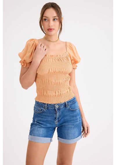 Vitrin Kare Yaka Viskon Keten Crop Bluz Kayısı