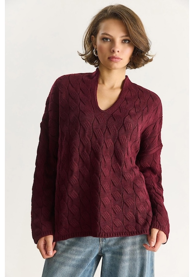 Shade Kadın Oval Yaka Saç Örgü Oversize Triko Kazak Tk241277 60284091 - Bordo