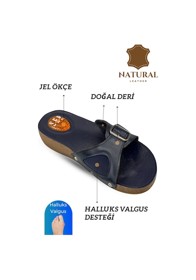 Sermoda Hakiki Deri Kadın Terlik - Halluks Valgus Destekli Jel Taban Kadın Terlik Lacivert
