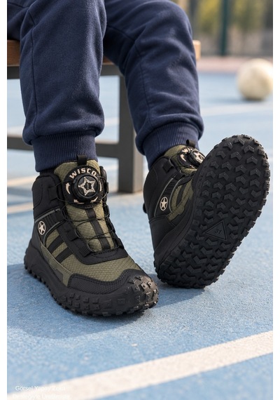 Muggo Torky Bağcık Ayar Mekanizmalı Kalın Taban Unisex Çocuk Günlük Outdoor Trekking Bot Haki