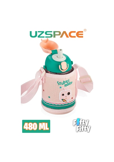 480 Ml Kılıflı 2 Ayrı Kapaklı Pipetli / Pipetsiz Tritan Çocuk Su Matarası Yavruağzı-yeşil
