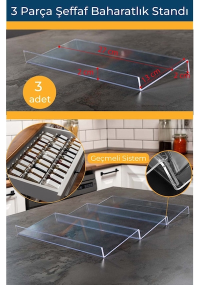 Mienda Home Pleksi Şeffaf 3 Adet Stand Baharatlık Standı Çekmece İçi Düzenleyici Organizer Şeffaf
