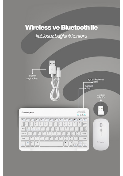 Tablet Ve Telefonlar İçin Bluetooth - Wireless Klavye Ve Mouse Set - Beyaz Diğer