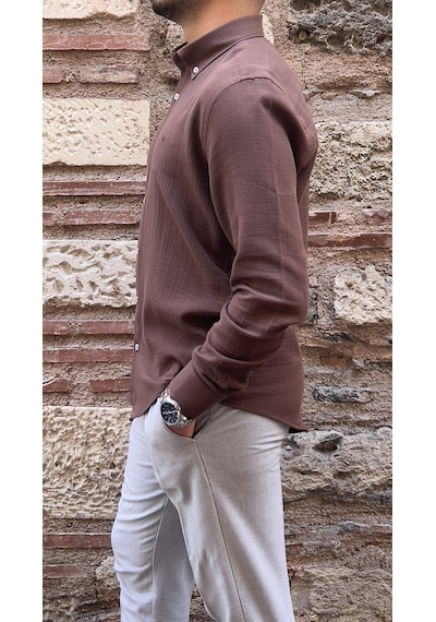 Slim Fit Uzun Kol Müslin Pamuk Rahat Nefes Alabilen Kumaştan Yaka Düğmeli Hediye Kutulu Erkek Gömlek Fs-004202 - Kahverengi-2866