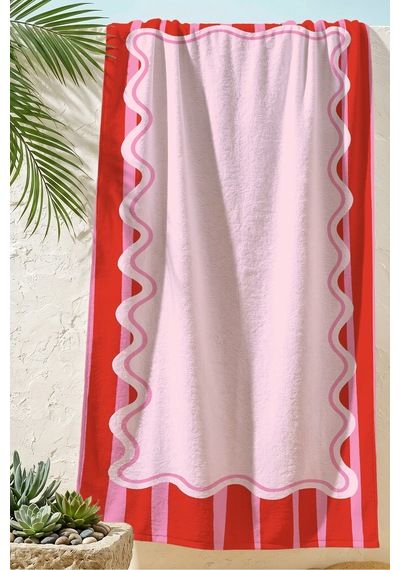Çizgili Dalga Motifli Pembe Kırmızı Plaj Havlusu - Modern Şeker Tonlu Hızlı Kuruyan Mikrofiber Havlu Çok Renkli