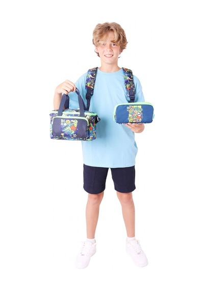 Kaukko Kids Erkek Çocuk İçin Siyah Yeşil Renkli Dinazor Desenliüçlü Okul Çanta Kombinasyonu Siyah - Yeşil