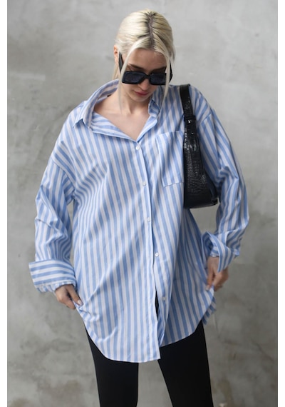 Madmext Mavi Çizgili Oversize Kadın Gömlek Mg1688