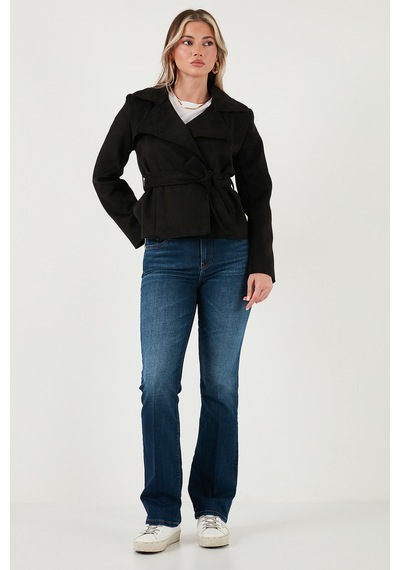 Lela Regular Fit Kruvaze Yaka Kuşaklı Süet Dokulu Bayan Ceket 6839640 Siyah