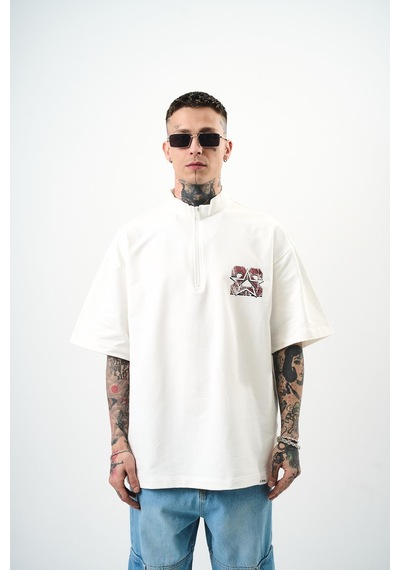 Respire Erkek 22 Baskılı Yarım Fermuarlı Oversize T-shirt Ekru