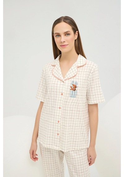 U.S. Polo Assn. 16608 Kadın Baskılı Düğmeli Pijama Takım Ekru