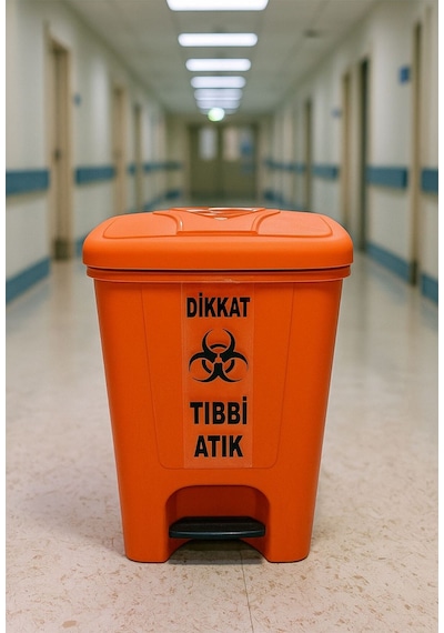 Tıbbi Atık Kutusu 25 Lt Pedallı Çöp Kutusu Turuncu Renk Beyaz