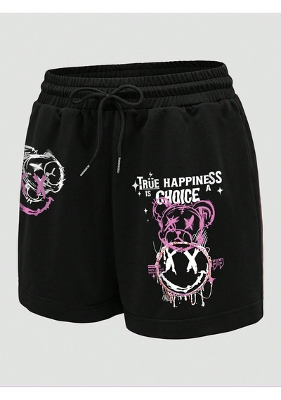 Cartoon Graphic Drawstring Waist Şort Siyah