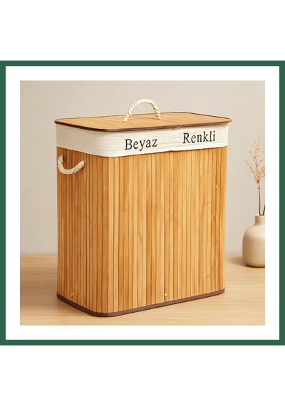 Bezos Bambu Ahşap 2 Bölmeli Çamaşır Sepeti 52x32x62 Cm Bzs01 Çok Renkli