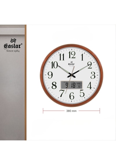 Eastar A5140 Fosforlu Sessiz Duvar Saati Takvim Ve Sıcaklık Göstergeli Kahverengi