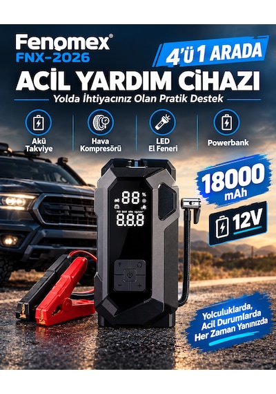 Fenomex Fnx-2026 18000 Mah 12v Taşınabilir 4'ü 1 Arada Akü Takviye Cihazı Ve Hava Kompresörü Powerbank Fener