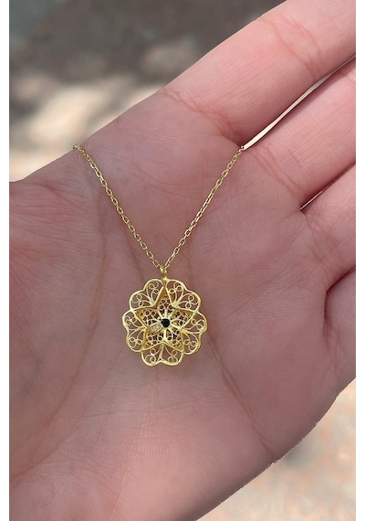 Gümüş Yeşil Taşlı Telkari Model Kolye Altın