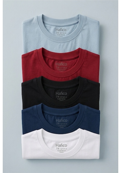 Hafico Erkek Çocuk 5'li Premium %100 Pamuk Basic Tişört Seti 7-12 Yaş Siyah - Kırık Beyaz -bordo - Buz Mavi - İndigo