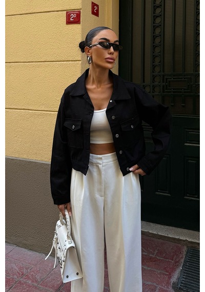 Siyah Çift Cep Denim Crop Ceket Bcdf-255419 Çok Renkli