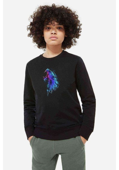 Tshirthane Howling Wolf Baskılı Unisex Çocuk Siyah Sweatshirt Siyah