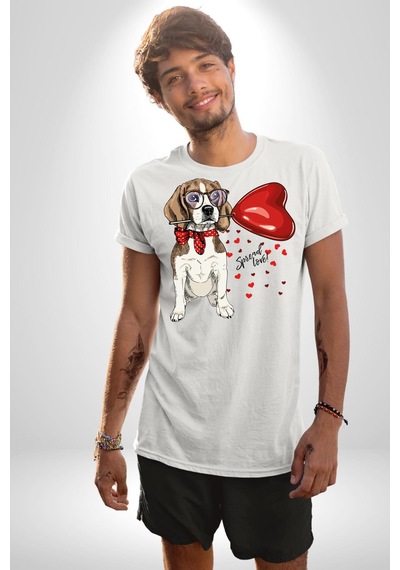 Poodle Ve Beagle Sevililer Günü Hediyesi Unisex Unisex Beyaz Organik Baskılı T-shirt Penye Yüksek Kalite Beyaz