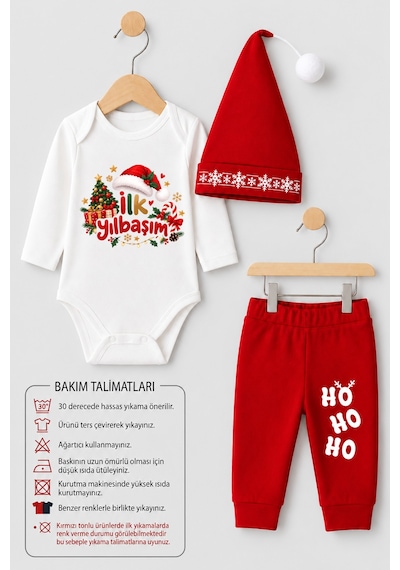 Babyden's Bebek Yılbaşı Takımı İlk Yılbaşım Baskılı Noel Kıyafeti %100 Pamuk 3'lü Body Pantolon Noel Şapkası Yılbaşı Kostüm Kırmızı - Beyaz