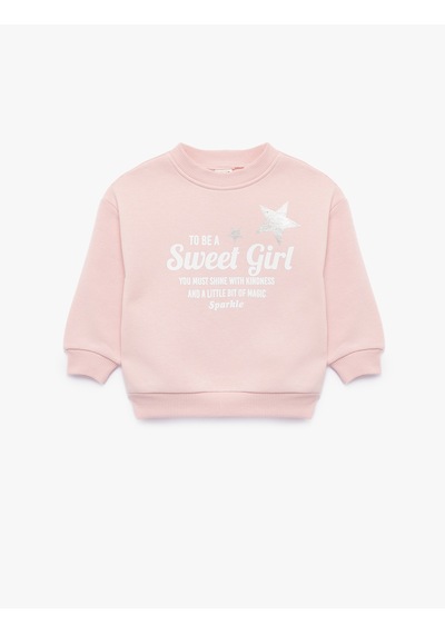 Koton Baskılı Uzun Kollu Bisiklet Yaka Şardonlu Sweatshirt Pembe 7wmg10102ak Gül