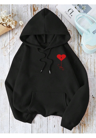 Nevermind Unisex Heart Oversize Baskılı Kapşonlu Sweatshirt 3 Ipl Siyah