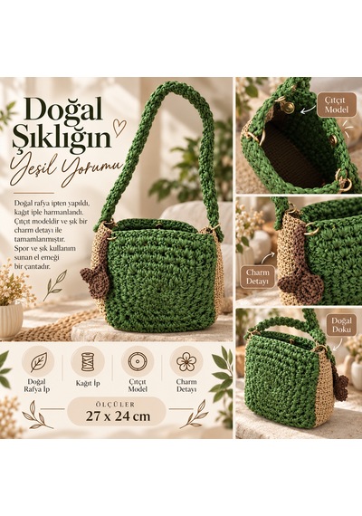 Yeşil Doğal Rafya & Kağıt İp Çanta Camel - Yeşil