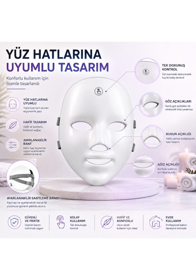 Polham 7 Renk Led Işık Teknolojili Yüz Bakım Maskesi Dokunmatik Kontrollü Evde Cilt Bakım Cihazı