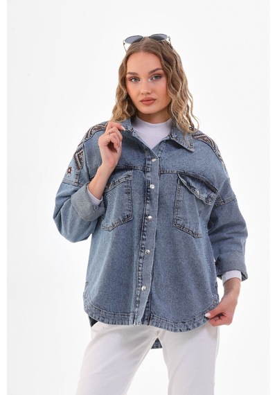 Esb Design Kadın Mavi Cepli Etnik Mevsimlik Düğmeli Uzun Denim Nakışlı Kot Ceket A36-085