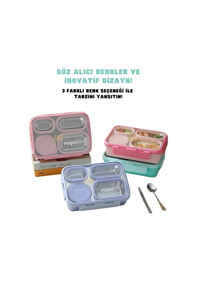 Vagonlife Bento 950ml Lunchbox Tek Katlı 4 Bölmeli Çelik Sefer Tası Yemek Kutusu Mor Genel