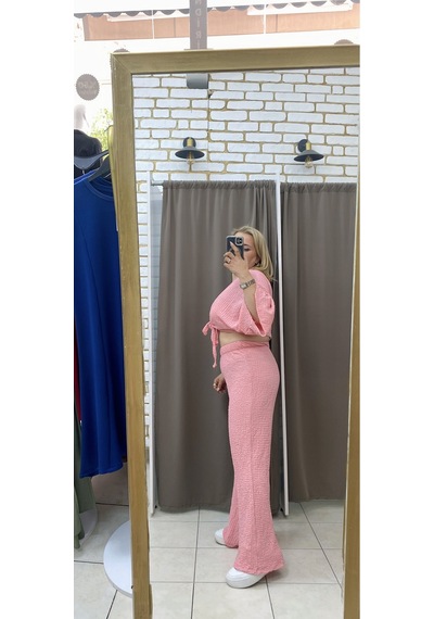 Tuba Toptaş Bağlamalı Gofre Bluz Pembe