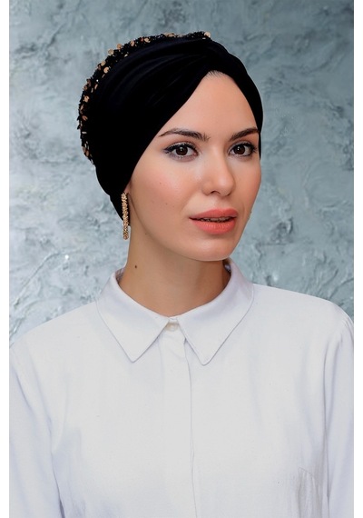 Hürrem Bone Siyah-Gold Pratik Hazır Geçmeli Tesettür Bone Sandy Kumaş Pullu B Çok Renkli