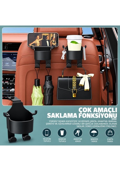 Araç İçi Bardak Tutucu Ve Koltuk Arkası Organizer, Telefon Tablet Standı, Poşet Askılı Çok Fonksiyonlu Oto Bard