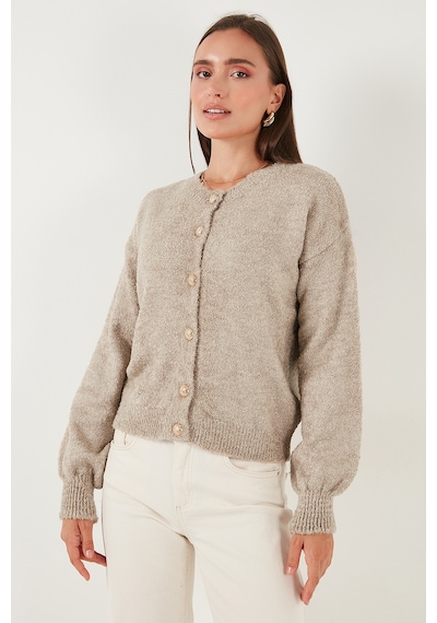 Lela Premium Regular Fit Bisiklet Yaka Yumuşak Dokulu Bayan Hırka 680Hi00147 Vizon