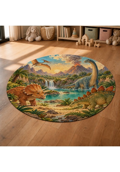 Kartela Halı Dinozor Vadisi Yuvarlak Çocuk Oyun Halısı Kaymaz Dot Taban Yıkanabilir 120 Cm Çap
