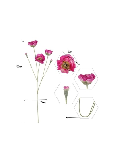 Yapay Çiçek Gelincik Çiçeği Fuşya Renk 3 Çiçek 1 Tomurcuk 59cm
