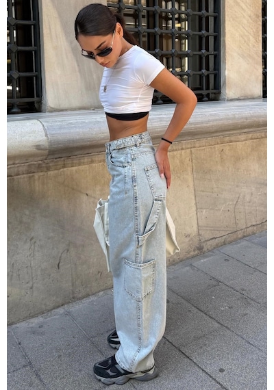 Açık Mavi Kargo Kemer Detaylı Baggy Kadın Jean Mg2874
