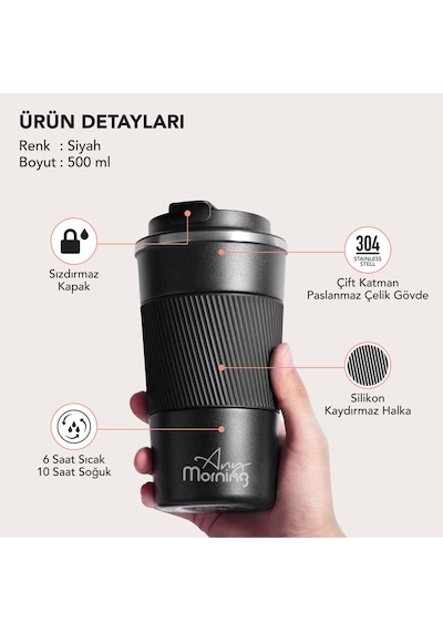 Any Morning Ba21549 Paslanmaz Çelik Termos Mug 500 Ml Siyah, Kaymaz Silikon Halka, Sızdırmaz Kapak