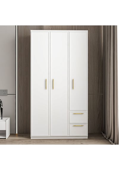 Vespera Çıta Detaylı 3 Kapaklı, Çekmeceli Gardırop Beyaz, 90 Cm