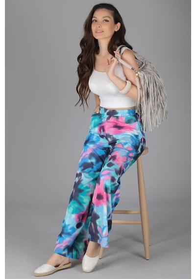 Sweetness Kadın Batik Desenli Bol Paça Beli Lastikli Pantolon Mavi