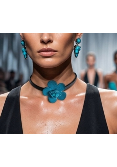 Turkuaz Siyah Hakiki Deri Choker El Yapımı Kolye