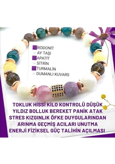 DOĞAL TAŞ BİLEKLİK Ay_taşı_Sitrin_Dumanlı_Kuvars_Rodonit,_Apatit Çok Renkli